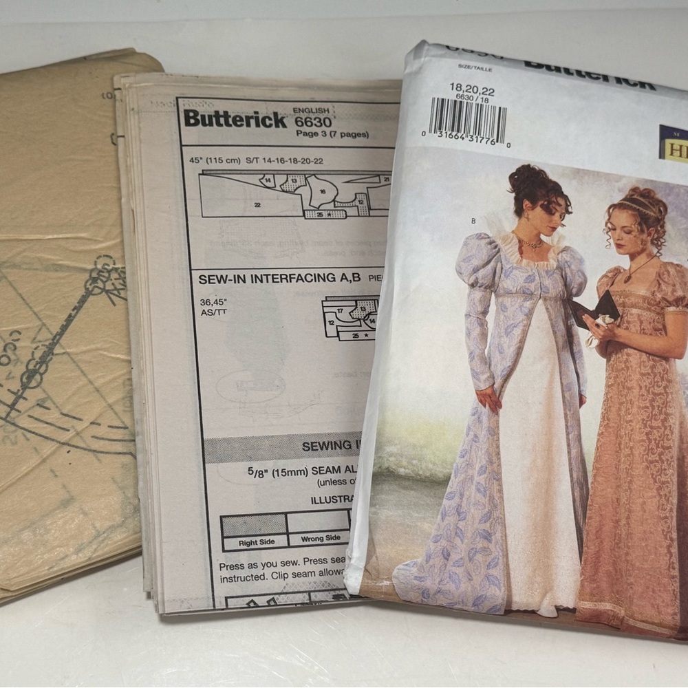 Butterick 6630 Sewing Pattern Bridgerton Style Historical Dresses sz 18-22 uncut